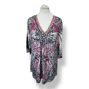 One World Womens V-Neck Paisley Tunic Top Retro Stretch Boho Multicolor 1X